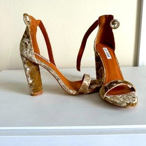 Gold velvet open toe heels